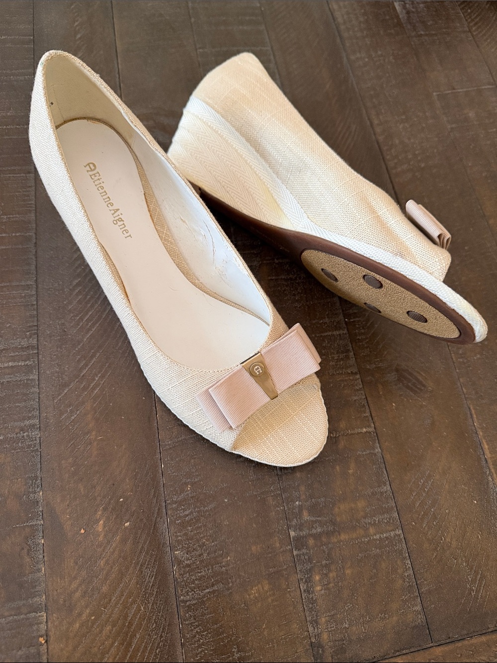 Etienne Aigner Women's Light Beige Peep-Toe Bow Flats